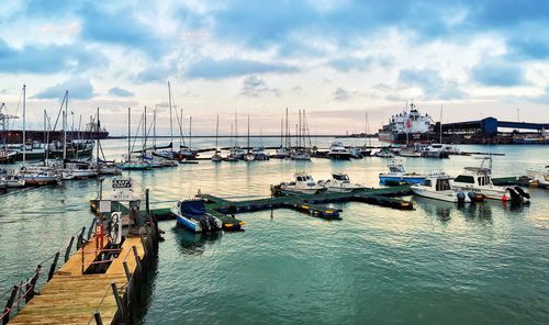 Sailboats moored in harbor