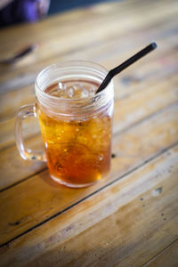 High angle view of beer in glass on table