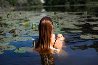 High angle view of woman swimming in lake