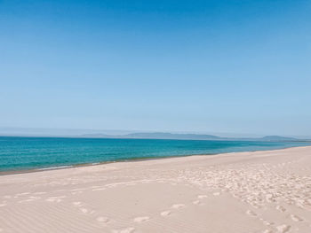 Scenic view of beach against clear blue sky