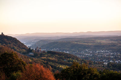 High angle shot of townscape against clear sky