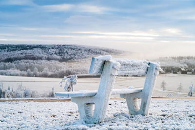 Snow covered land against sky