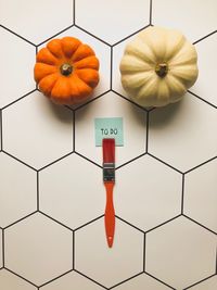 High angle view of pumpkins on wall