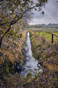 Scenic view of waterfall on field against sky