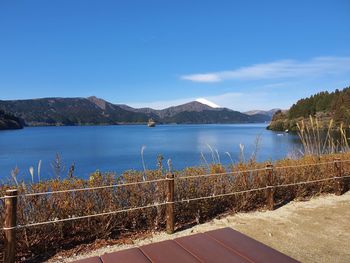 Scenic view of lake against blue sky