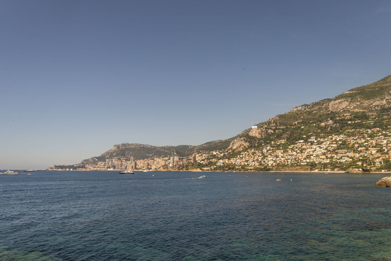 SCENIC VIEW OF BAY AGAINST CLEAR BLUE SKY