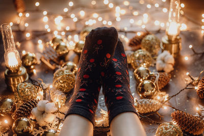 Merry christmas cottage core, vintage preparations - ornaments, socks, christmas tree lights