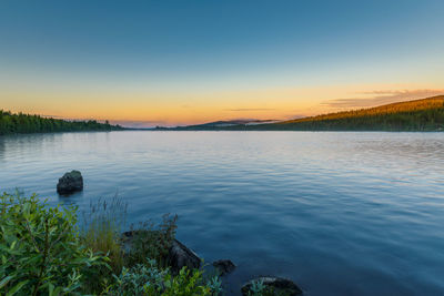 Scenic view of lake against sky during sunset