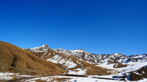 Scenic view of snowcapped mountains against clear blue sky