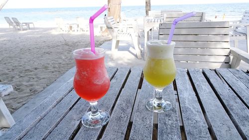 Close-up of drink on table at beach