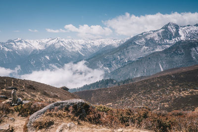 Scenic view of snowcapped mountains against sky