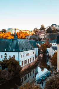 High angle view of buildings in town against clear sky