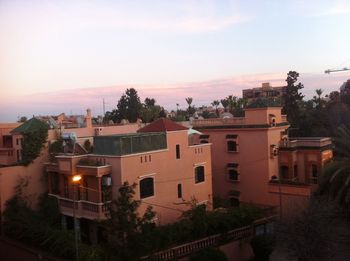 High angle view of townscape against sky at sunset