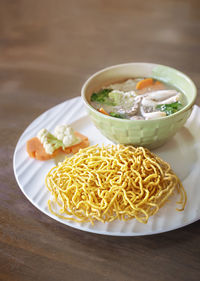 High angle view of noodles served in bowl