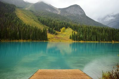 Scenic view of lake in front of mountains against sky