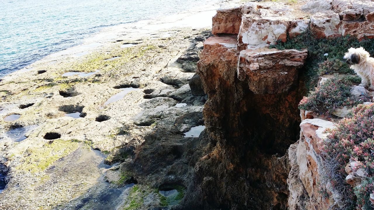 water, beach, sea, shore, sand, high angle view, nature, rock - object, tranquility, surf, wet, day, wave, outdoors, no people, beauty in nature, reflection, textured, coastline, sunlight