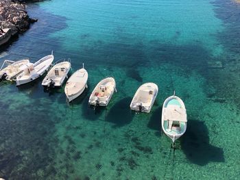 High angle view of boats moored in sea