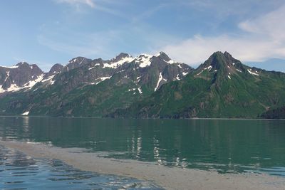 Scenic view of lake by mountains against sky