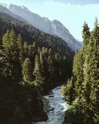 Scenic view of river amidst mountains against sky