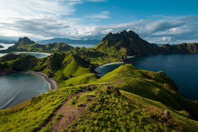 Scenic view of sea and mountains against sky