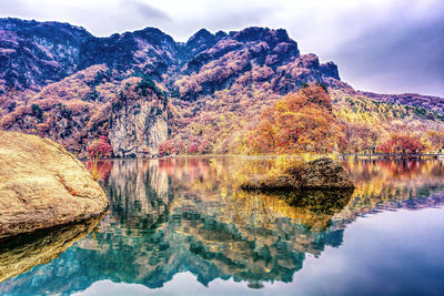 Reflection of trees in lake against sky during autumn