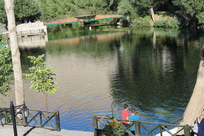 High angle view of lake by trees