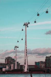 Low angle view of cranes in city against sky