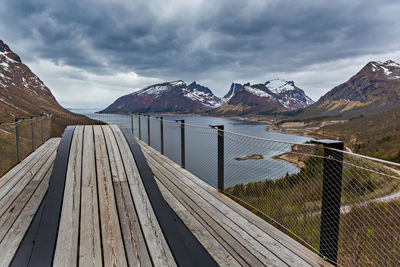 Scenic view of lake by mountains against sky