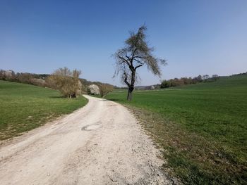 Dirt road amidst field against clear sky