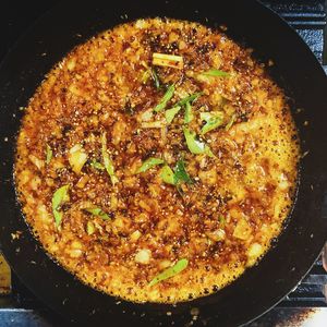 High angle view of food in cooking pan