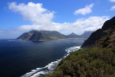 Scenic view of sea and mountains against sky