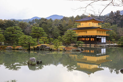 Scenic view of lake by building against sky