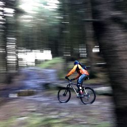 Woman riding bicycle on road