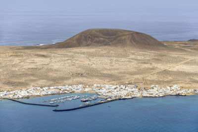 Aerial view of sea and mountains against sky