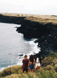 Rear view of friends standing on shore cliff sea