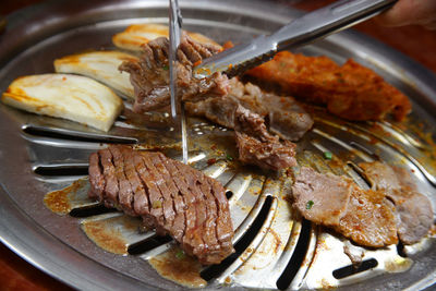 High angle view of meat in plate