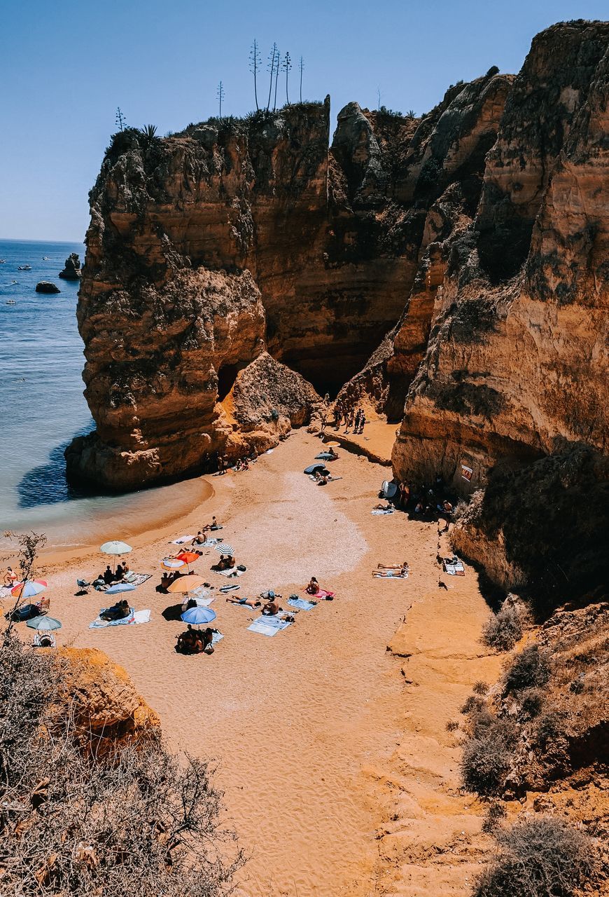 AERIAL VIEW OF ROCK FORMATIONS ON BEACH