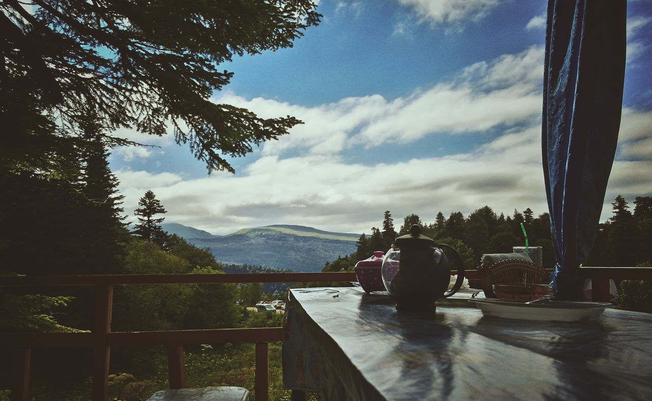 tree, mountain, sky, railing, lake, water, cloud - sky, cloud, scenics, day, mountain range, tranquil scene, outdoors, tranquility, growth, nature, footpath