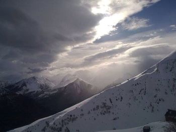 Scenic view of mountains against cloudy sky