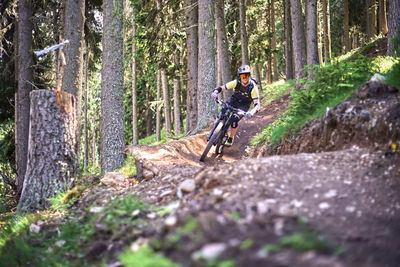 Man riding bicycle in forest