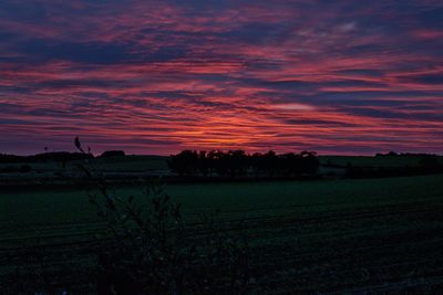 Scenic view of silhouette field against sky during sunset