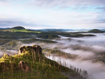 Spring morning in beautiful hills of natural park. rocky peaks increased from heavy creamy fog.