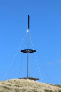 Low angle view of sailboat on field against clear blue sky