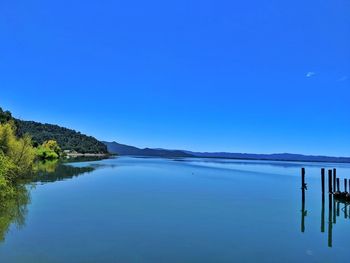 Scenic view of lake against clear blue sky