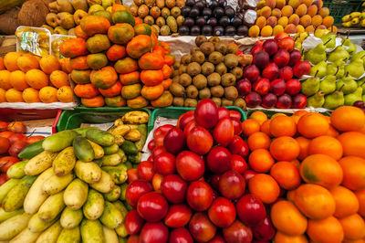 High angle view of various fruits for sale at market stall