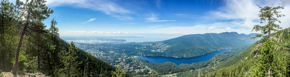 Panoramic view of river by mountains against sky