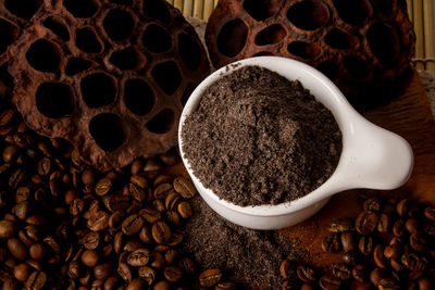 High angle view of coffee beans on table