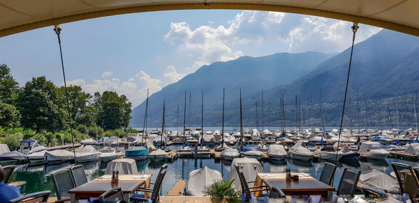 Panoramic view of harbor against sky