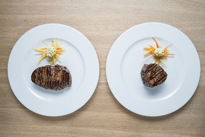 High angle view of food in plate on table