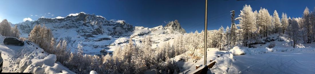 Panoramic view of snowcapped mountains against sky